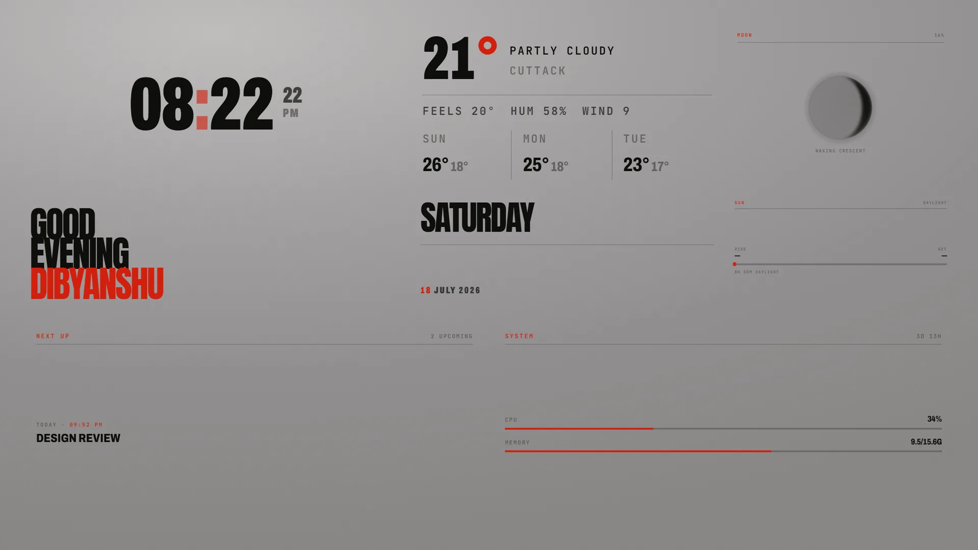 AuraBoard in its Newsprint theme — the same dashboard rendered as dark type on a warm paper ground.