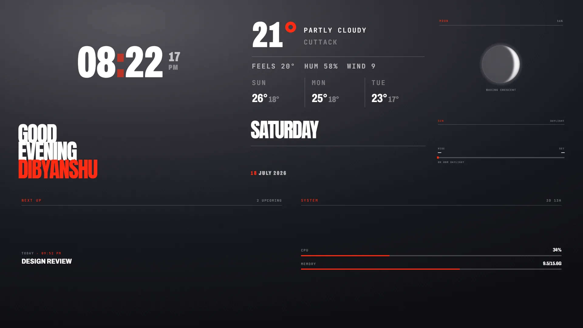 AuraBoard in its Signal theme — a large clock, weather forecast, moon phase, greeting and system stats in white and red on a near-black ground.