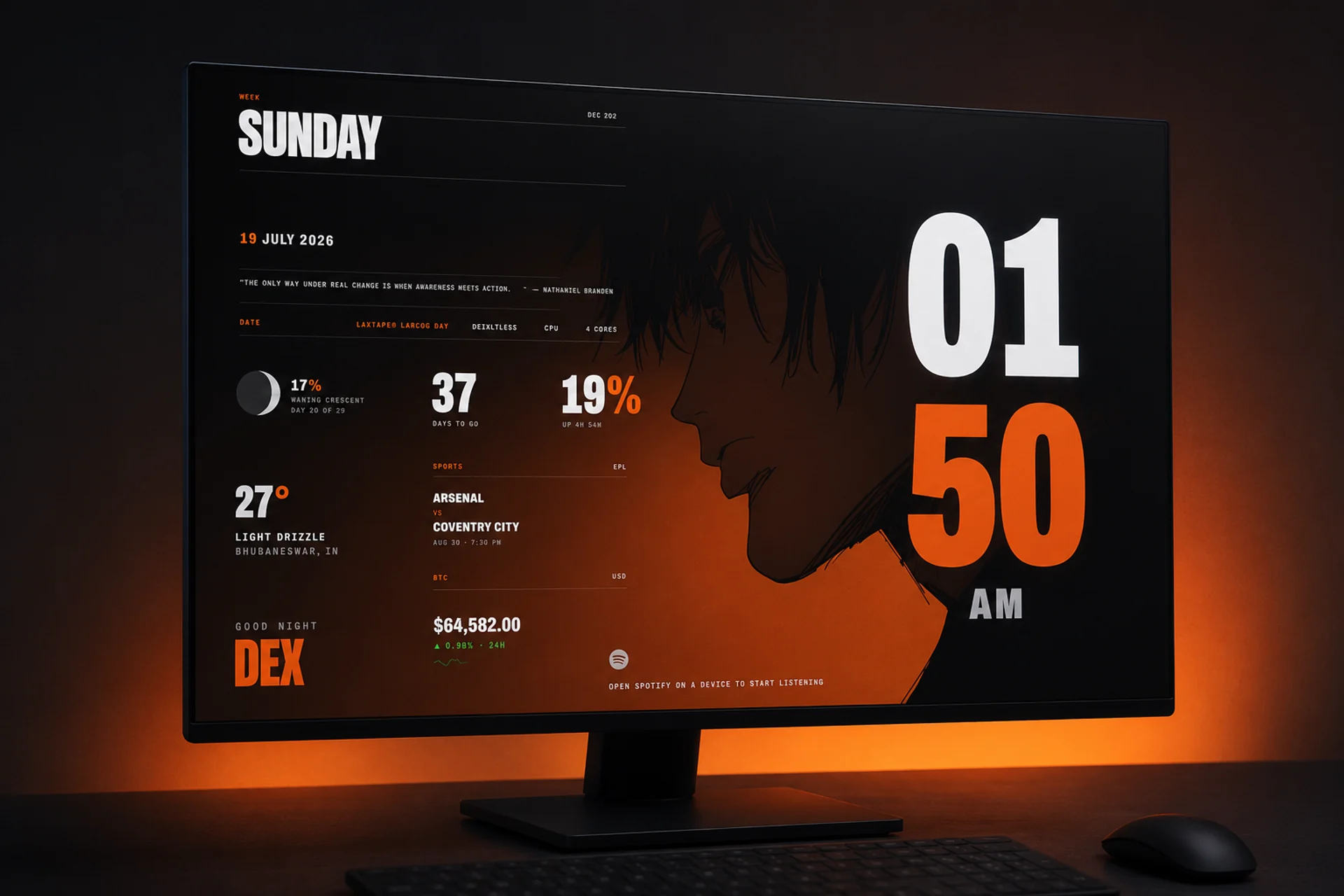 AuraBoard running full-screen on a desktop monitor in a darkened room, the display’s amber glow washing the wall behind it — a large clock, weather, moon phase and now-playing laid over an illustrated wallpaper.