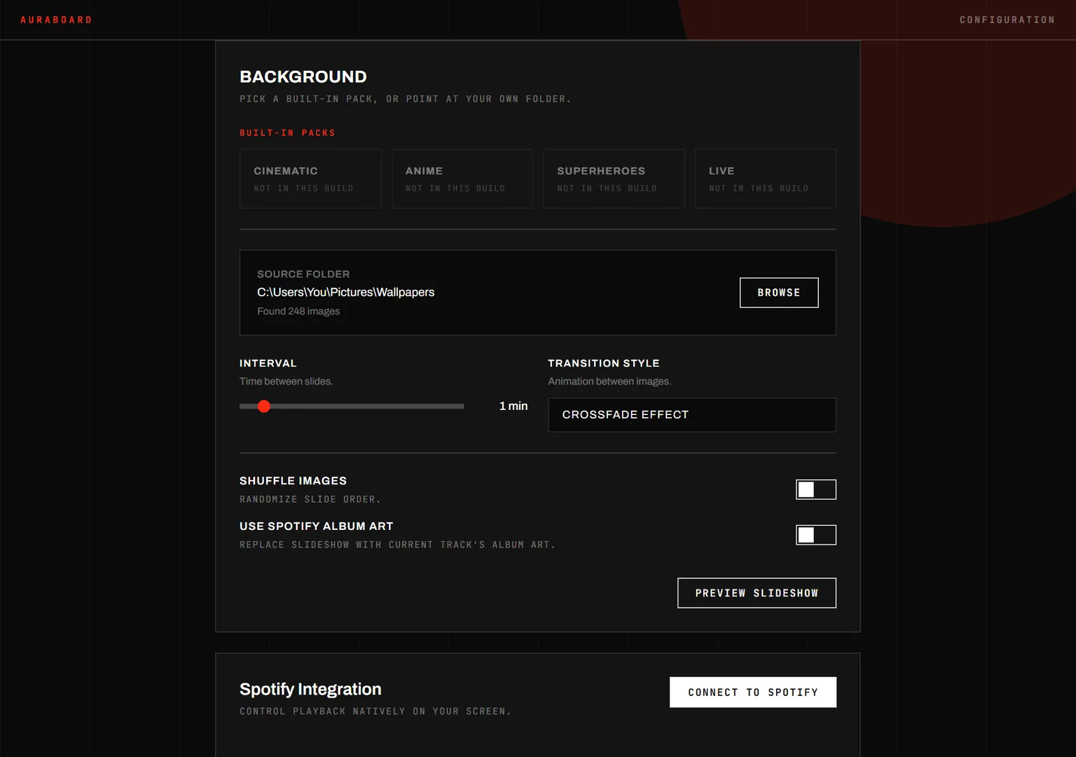 The AuraBoard background configuration screen, showing wallpaper pack selection.