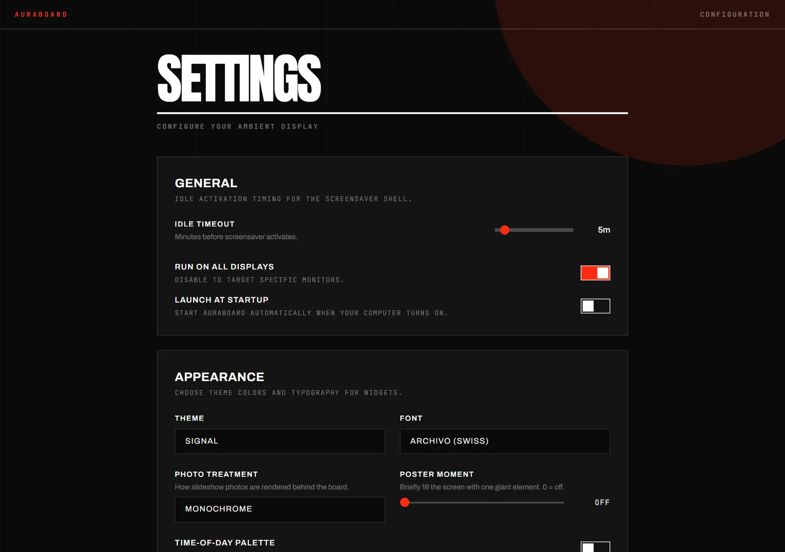 The AuraBoard settings window, showing widget configuration options.