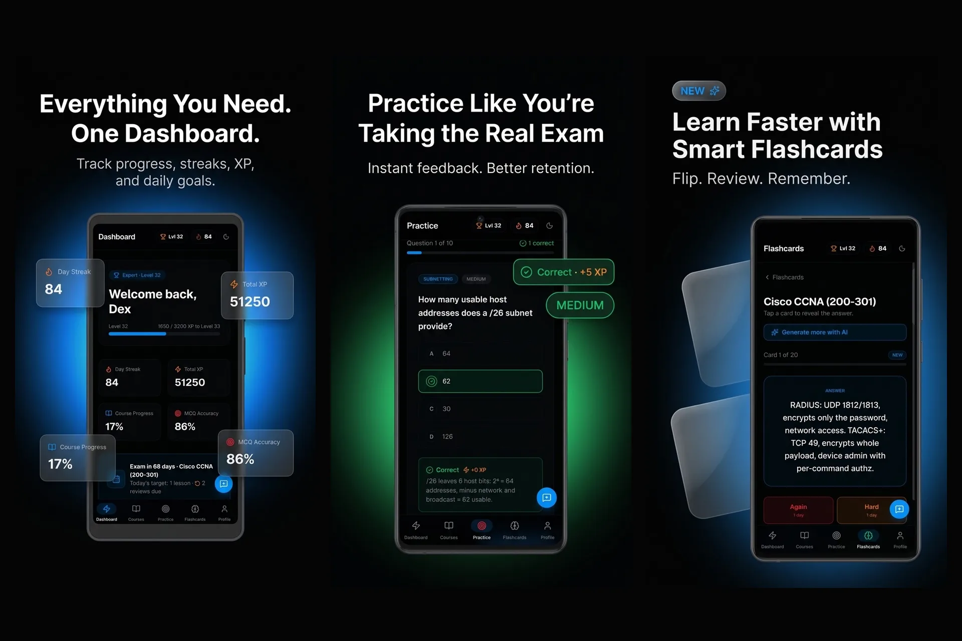 Three LazyPrep screens side by side on a black ground — a dashboard with streak, XP and exam countdown; an exam-style practice question; and a spaced-repetition flashcard.